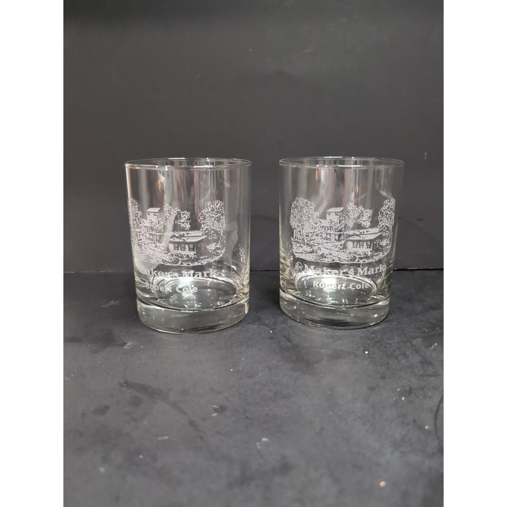 Makers Mark Whiskey Glasses, Etched Cabin Lowball, Set Of 2,‎ Robert Cole Scene